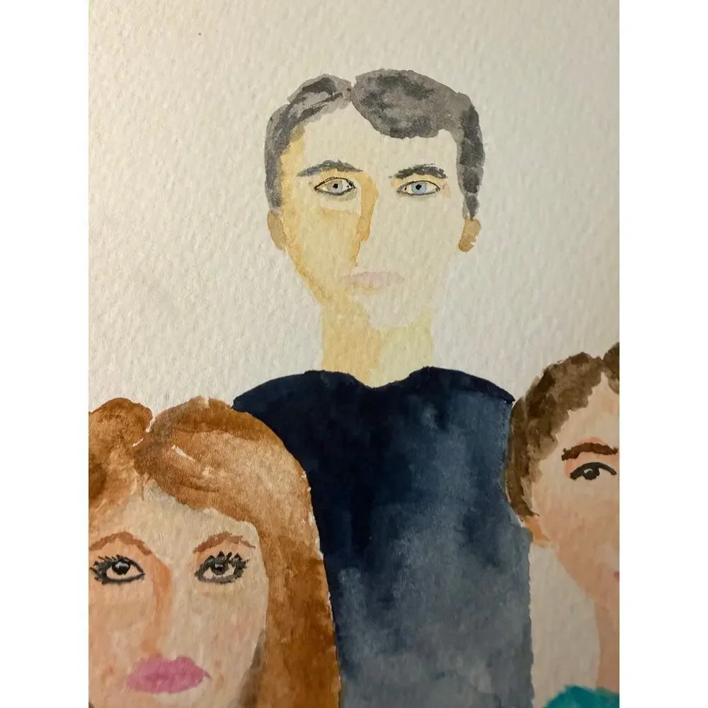 Hand painted watercolor original painting man, woman, child